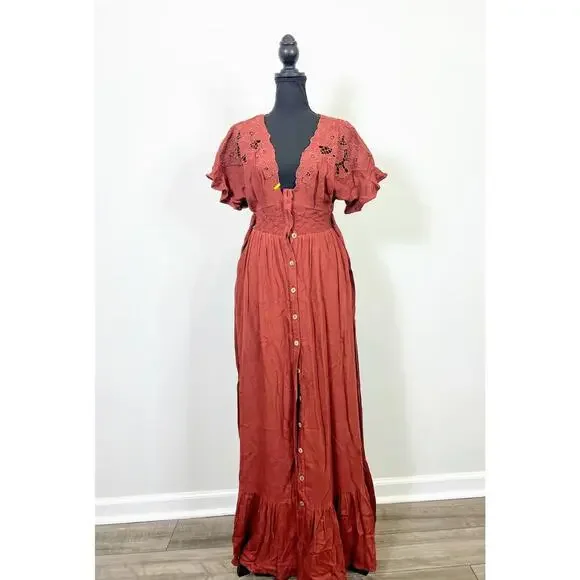 Free People Colette Maxi Dress Cinnamon Brown Size XS Floral Embroidered  Lined
